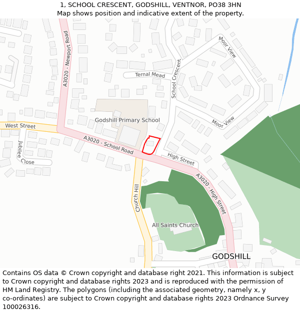 1, SCHOOL CRESCENT, GODSHILL, VENTNOR, PO38 3HN: Location map and indicative extent of plot