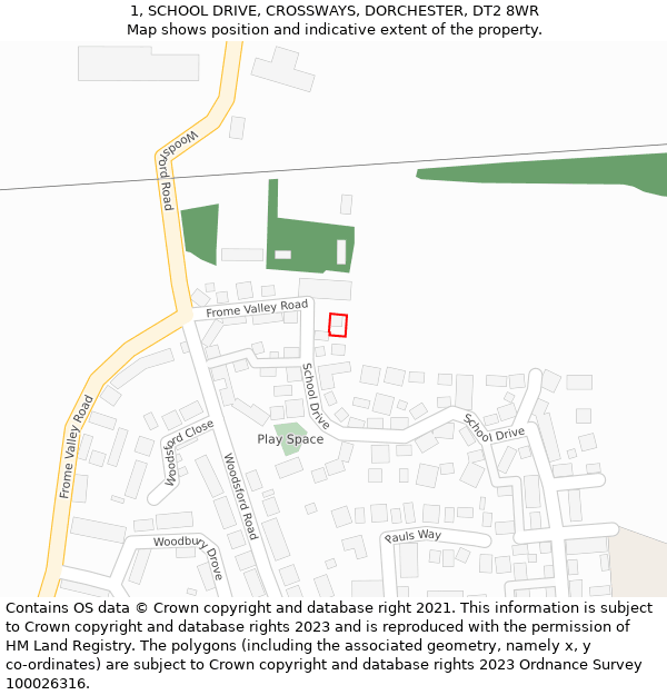 1, SCHOOL DRIVE, CROSSWAYS, DORCHESTER, DT2 8WR: Location map and indicative extent of plot