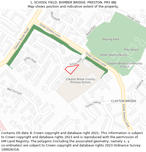 1, SCHOOL FIELD, BAMBER BRIDGE, PRESTON, PR5 8BJ: Location map and indicative extent of plot