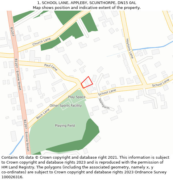 1, SCHOOL LANE, APPLEBY, SCUNTHORPE, DN15 0AL: Location map and indicative extent of plot
