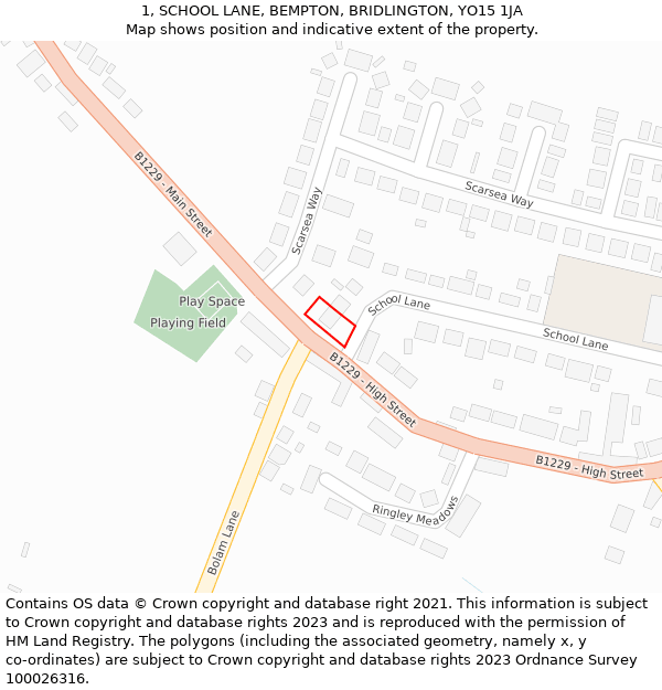 1, SCHOOL LANE, BEMPTON, BRIDLINGTON, YO15 1JA: Location map and indicative extent of plot