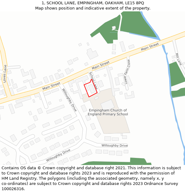 1, SCHOOL LANE, EMPINGHAM, OAKHAM, LE15 8PQ: Location map and indicative extent of plot