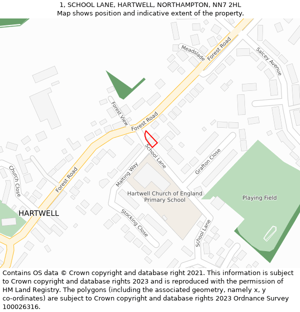 1, SCHOOL LANE, HARTWELL, NORTHAMPTON, NN7 2HL: Location map and indicative extent of plot