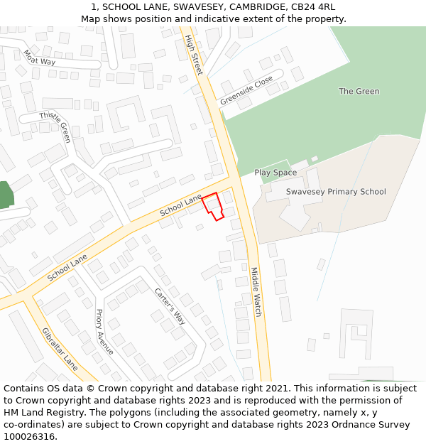 1, SCHOOL LANE, SWAVESEY, CAMBRIDGE, CB24 4RL: Location map and indicative extent of plot
