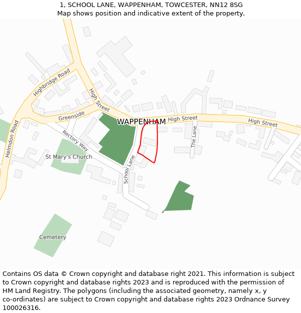 1, SCHOOL LANE, WAPPENHAM, TOWCESTER, NN12 8SG: Location map and indicative extent of plot
