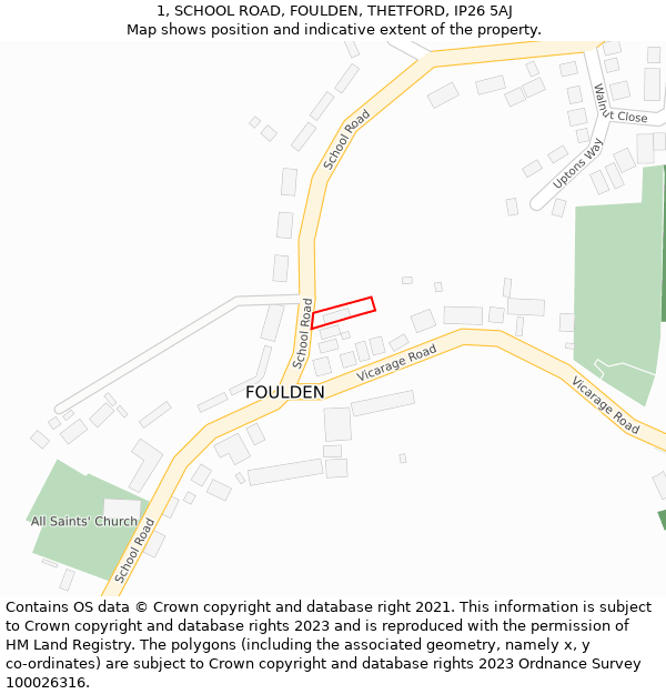 1, SCHOOL ROAD, FOULDEN, THETFORD, IP26 5AJ: Location map and indicative extent of plot