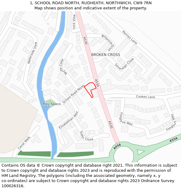 1, SCHOOL ROAD NORTH, RUDHEATH, NORTHWICH, CW9 7RN: Location map and indicative extent of plot