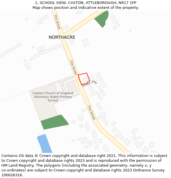 1, SCHOOL VIEW, CASTON, ATTLEBOROUGH, NR17 1FP: Location map and indicative extent of plot