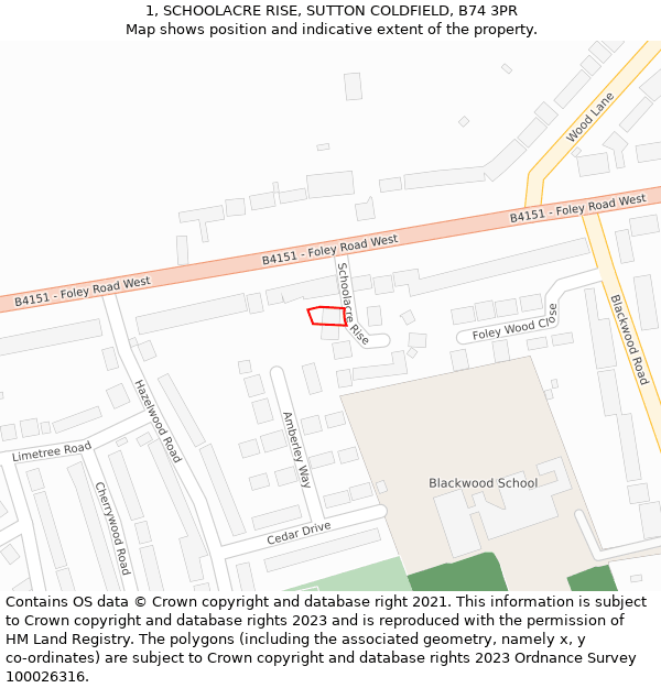 1, SCHOOLACRE RISE, SUTTON COLDFIELD, B74 3PR: Location map and indicative extent of plot