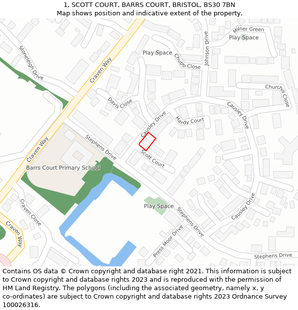 1, SCOTT COURT, BARRS COURT, BRISTOL, BS30 7BN: Location map and indicative extent of plot