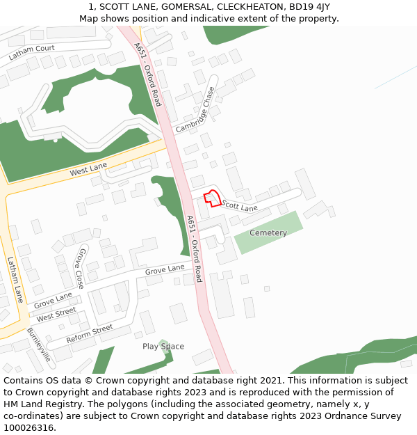 1, SCOTT LANE, GOMERSAL, CLECKHEATON, BD19 4JY: Location map and indicative extent of plot