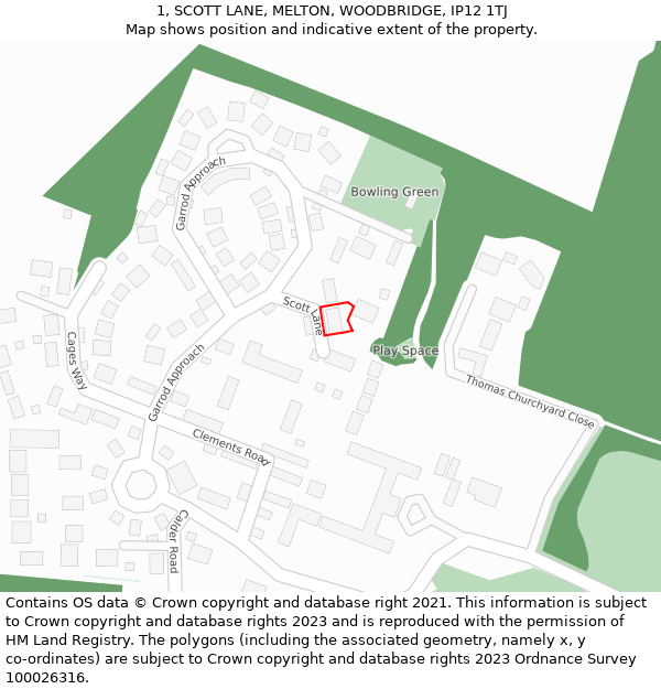 1, SCOTT LANE, MELTON, WOODBRIDGE, IP12 1TJ: Location map and indicative extent of plot