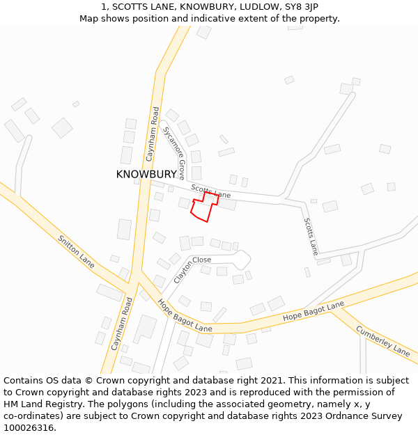 1, SCOTTS LANE, KNOWBURY, LUDLOW, SY8 3JP: Location map and indicative extent of plot