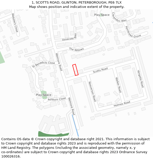1, SCOTTS ROAD, GLINTON, PETERBOROUGH, PE6 7LX: Location map and indicative extent of plot