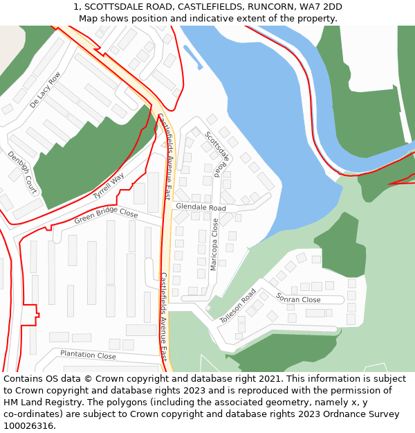 1, SCOTTSDALE ROAD, CASTLEFIELDS, RUNCORN, WA7 2DD: Location map and indicative extent of plot