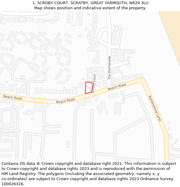 1, SCROBY COURT, SCRATBY, GREAT YARMOUTH, NR29 3LU: Location map and indicative extent of plot