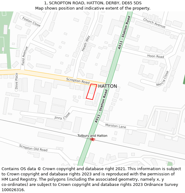 1, SCROPTON ROAD, HATTON, DERBY, DE65 5DS: Location map and indicative extent of plot