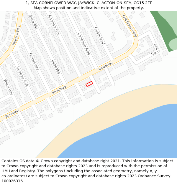 1, SEA CORNFLOWER WAY, JAYWICK, CLACTON-ON-SEA, CO15 2EF: Location map and indicative extent of plot