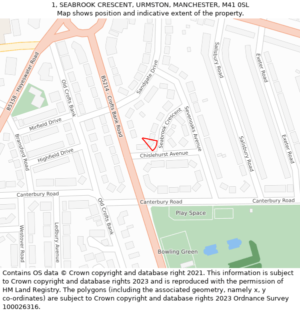 1, SEABROOK CRESCENT, URMSTON, MANCHESTER, M41 0SL: Location map and indicative extent of plot