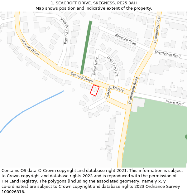 1, SEACROFT DRIVE, SKEGNESS, PE25 3AH: Location map and indicative extent of plot