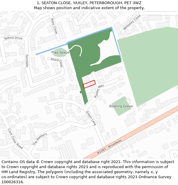 1, SEATON CLOSE, YAXLEY, PETERBOROUGH, PE7 3WZ: Location map and indicative extent of plot