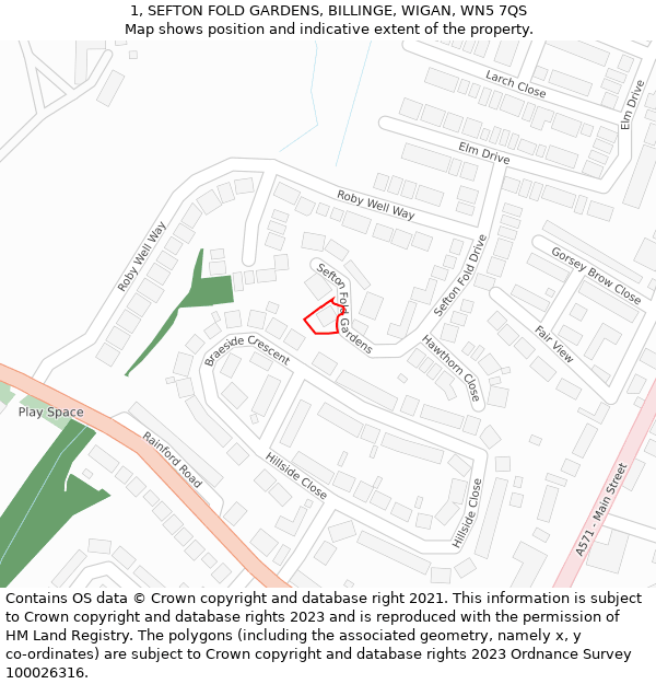 1, SEFTON FOLD GARDENS, BILLINGE, WIGAN, WN5 7QS: Location map and indicative extent of plot