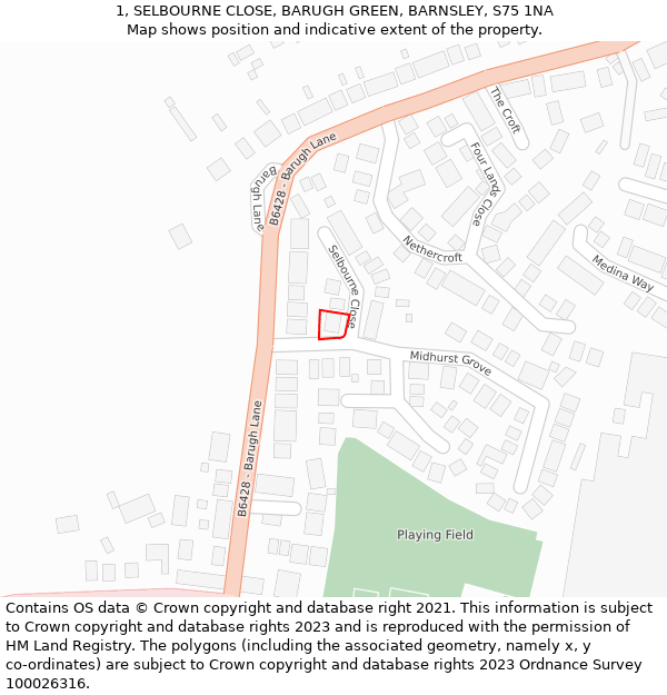 1, SELBOURNE CLOSE, BARUGH GREEN, BARNSLEY, S75 1NA: Location map and indicative extent of plot