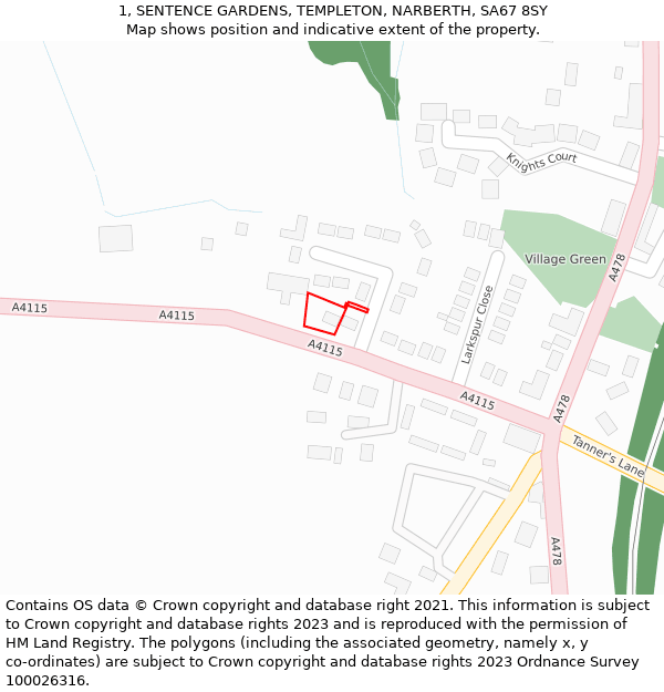 1, SENTENCE GARDENS, TEMPLETON, NARBERTH, SA67 8SY: Location map and indicative extent of plot