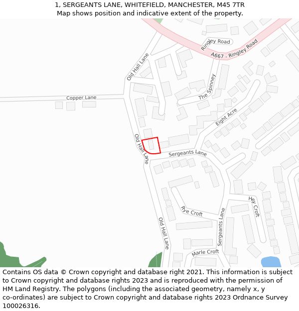 1, SERGEANTS LANE, WHITEFIELD, MANCHESTER, M45 7TR: Location map and indicative extent of plot