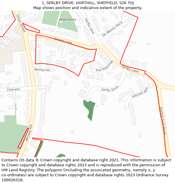 1, SERLBY DRIVE, HARTHILL, SHEFFIELD, S26 7UJ: Location map and indicative extent of plot