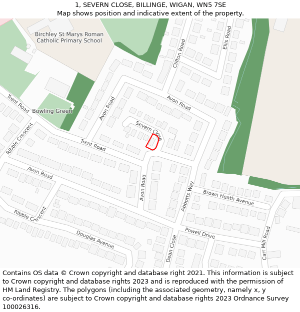 1, SEVERN CLOSE, BILLINGE, WIGAN, WN5 7SE: Location map and indicative extent of plot