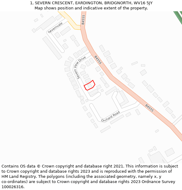 1, SEVERN CRESCENT, EARDINGTON, BRIDGNORTH, WV16 5JY: Location map and indicative extent of plot