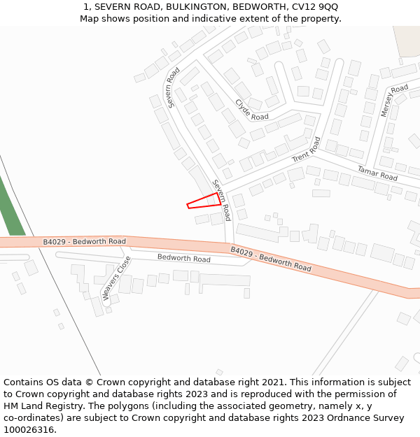 1, SEVERN ROAD, BULKINGTON, BEDWORTH, CV12 9QQ: Location map and indicative extent of plot