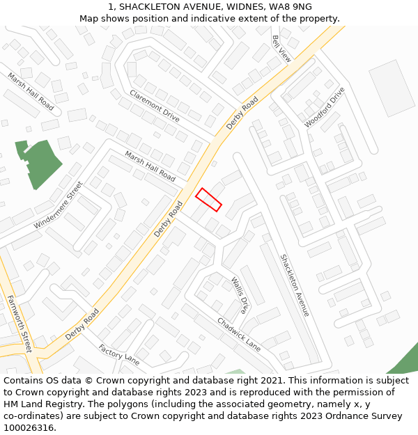 1, SHACKLETON AVENUE, WIDNES, WA8 9NG: Location map and indicative extent of plot