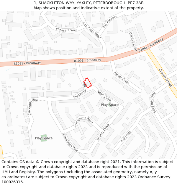 1, SHACKLETON WAY, YAXLEY, PETERBOROUGH, PE7 3AB: Location map and indicative extent of plot