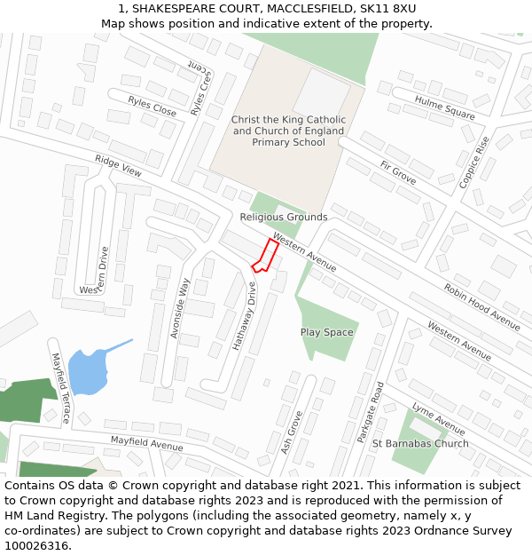 1, SHAKESPEARE COURT, MACCLESFIELD, SK11 8XU: Location map and indicative extent of plot