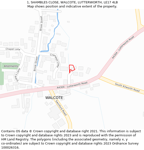 1, SHAMBLES CLOSE, WALCOTE, LUTTERWORTH, LE17 4LB: Location map and indicative extent of plot