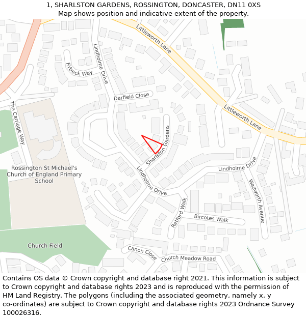 1, SHARLSTON GARDENS, ROSSINGTON, DONCASTER, DN11 0XS: Location map and indicative extent of plot