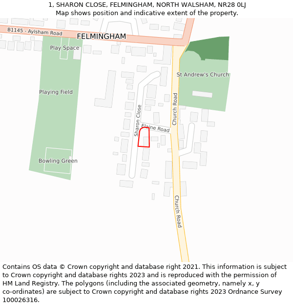 1, SHARON CLOSE, FELMINGHAM, NORTH WALSHAM, NR28 0LJ: Location map and indicative extent of plot