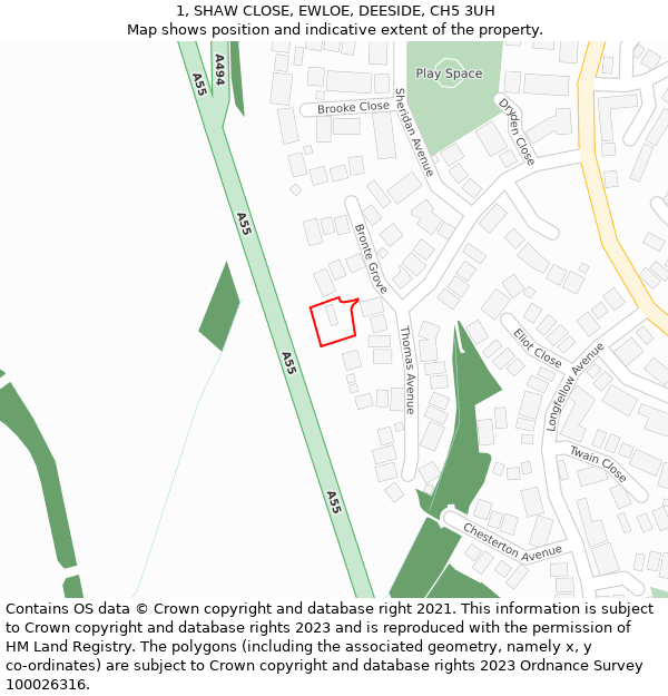 1, SHAW CLOSE, EWLOE, DEESIDE, CH5 3UH: Location map and indicative extent of plot