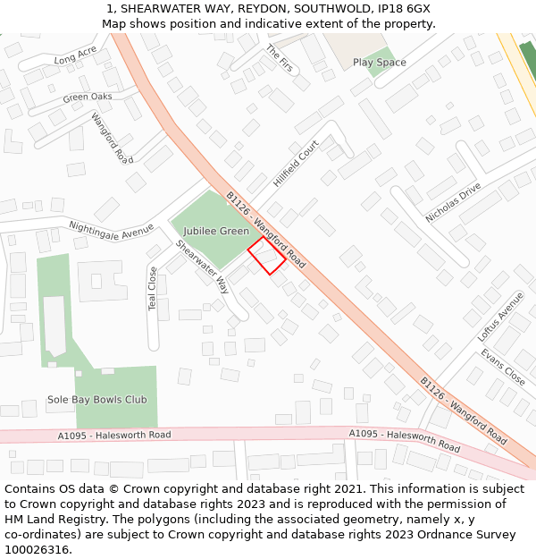 1, SHEARWATER WAY, REYDON, SOUTHWOLD, IP18 6GX: Location map and indicative extent of plot