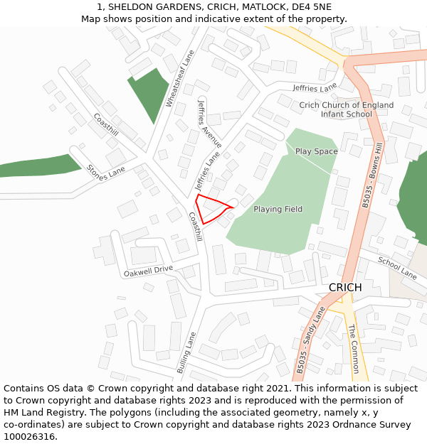 1, SHELDON GARDENS, CRICH, MATLOCK, DE4 5NE: Location map and indicative extent of plot