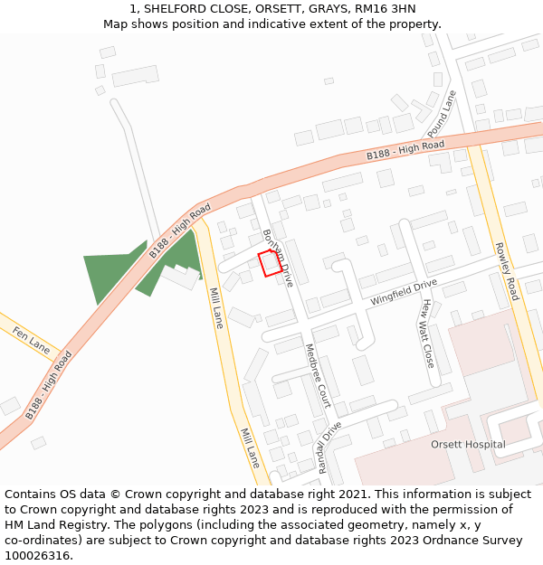 1, SHELFORD CLOSE, ORSETT, GRAYS, RM16 3HN: Location map and indicative extent of plot