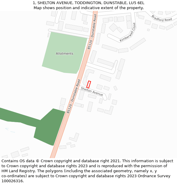 1, SHELTON AVENUE, TODDINGTON, DUNSTABLE, LU5 6EL: Location map and indicative extent of plot