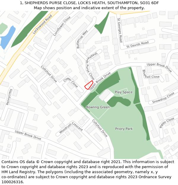 1, SHEPHERDS PURSE CLOSE, LOCKS HEATH, SOUTHAMPTON, SO31 6DF: Location map and indicative extent of plot