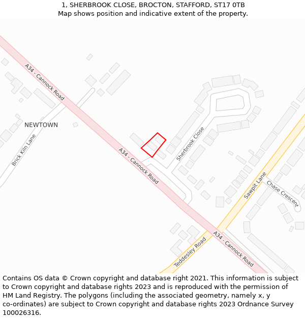 1, SHERBROOK CLOSE, BROCTON, STAFFORD, ST17 0TB: Location map and indicative extent of plot