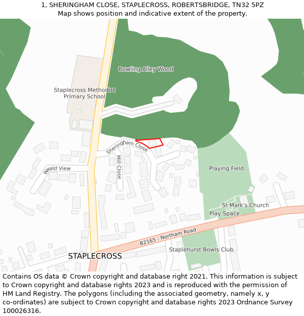 1, SHERINGHAM CLOSE, STAPLECROSS, ROBERTSBRIDGE, TN32 5PZ: Location map and indicative extent of plot