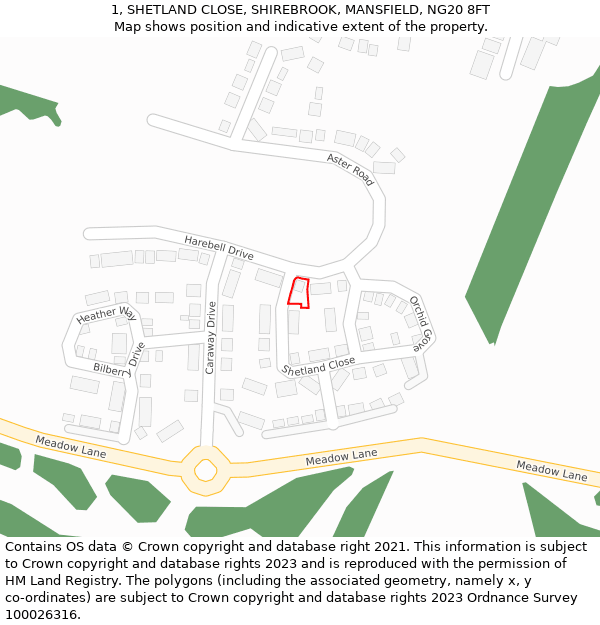 1, SHETLAND CLOSE, SHIREBROOK, MANSFIELD, NG20 8FT: Location map and indicative extent of plot