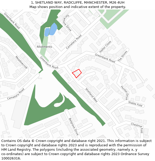 1, SHETLAND WAY, RADCLIFFE, MANCHESTER, M26 4UH: Location map and indicative extent of plot