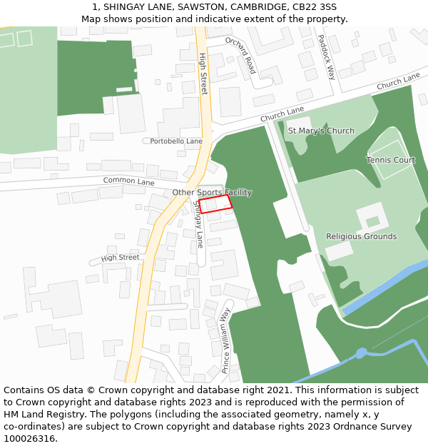 1, SHINGAY LANE, SAWSTON, CAMBRIDGE, CB22 3SS: Location map and indicative extent of plot